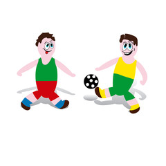 Soccer players playing with a ball, kicking, cartoon on a white background,