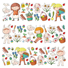 Spring children banners Kids play and grow. Kindergarten, school. Easter celebration with children. Bunny, rabbt, bird, boys and girls