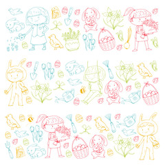 Spring children banners Kids play and grow. Kindergarten, school. Easter celebration with children. Bunny, rabbt, bird, boys and girls