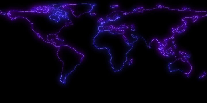 Dynamic mapping of the contours of the world map. Light lines around the continents. Video is looped	
