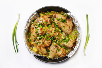 Fried chicken on plate isolated on white