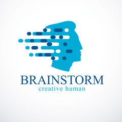 Brainstorm concept, vector design of human head profile with thoughts moving fast. Vector logo or icon template.