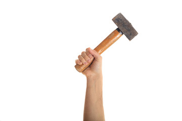 Hand holding an old hammer isolated on white background
