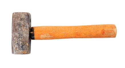 Old hammer isolated on white background, top view