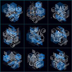 Abstract designs with 3d linear mesh shapes and figures, vector isometric backgrounds. Cubes, hexagons, squares, rectangles and different abstract elements. Vector collection.