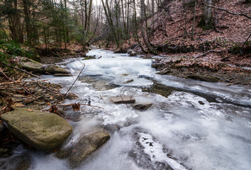 frozen river among the forest  in carpathian mountains