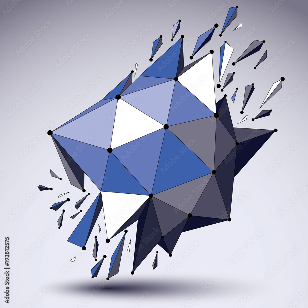 Poster abstract 3d faceted figure with connected black lines and dots. vector low poly shattered design ele