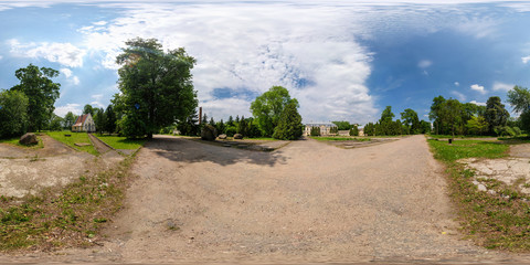 360 panorama view near abandoned homestead castle with ghost. Full 360 by 180 degrees seamless panorama  in equirectangular spherical projection. skybox for VR content