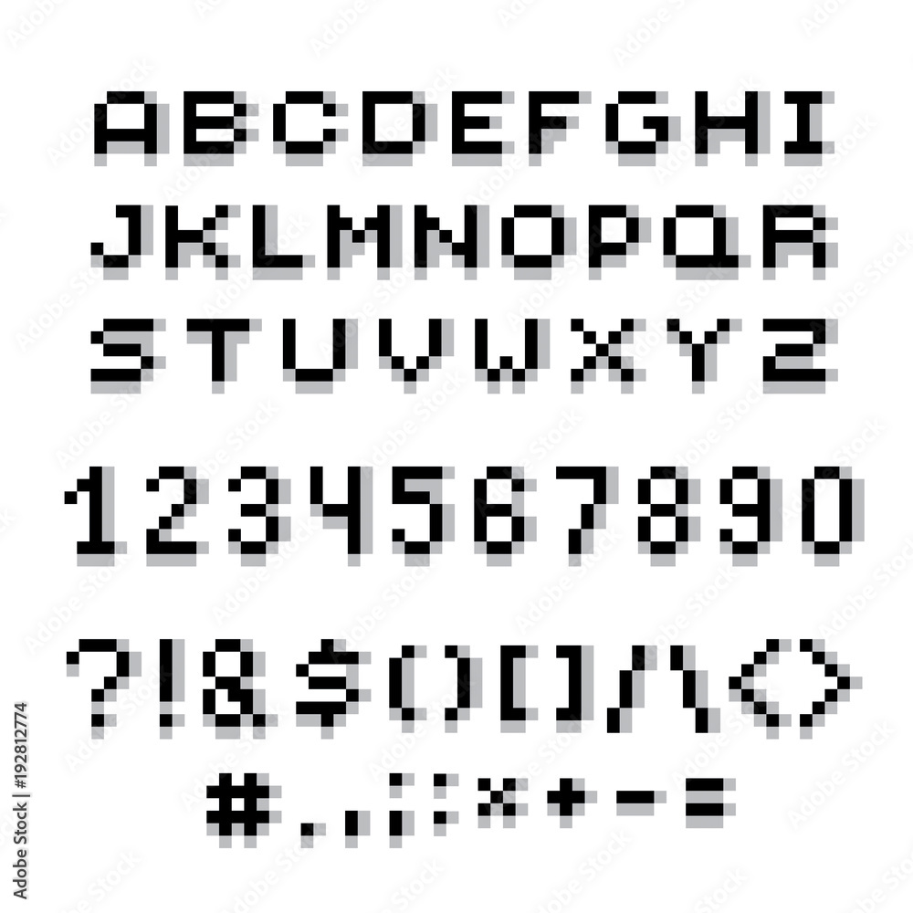 Poster vector modern numbers, letters and punctuation marks created in technology style. geometric pixilate
