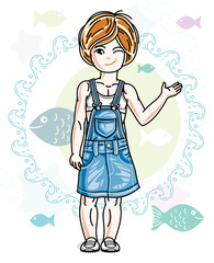 Little redhead girl cute child toddler in casual clothes standing on marine backdrop with ocean and fishes. Vector pretty nice human illustration.