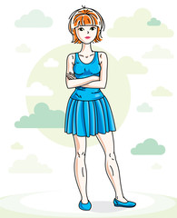 Attractive young redhead woman posing on nature backdrop with blue sky and clouds. Vector nice lady illustration.