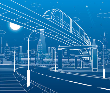 Monorail railway. Illuminated highway. Transportation illustration. Skyline modern city at background. Night scene. White lines on blue background. Vector design art