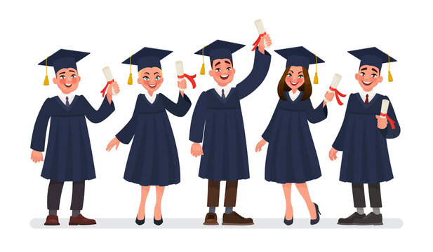 Group of graduates students with diplomas. Vector illustration in cartoon style