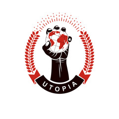 Vector emblem composed using strong muscular raised arm holding planet Earth and decorated with laurel wreath. Martial arts symbol can be used as tattoo.