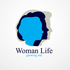 Woman life age years concept, the time of life, periods and cycle of life, growing old, maturation and aging, one generation and age categories. Vector simple classic icon or logo design.