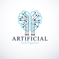 Artificial intelligence concept vector logo design. Human anatomical brain with electronics technology elements icon. Smart software, futuristic idea of intelligent machines and computer programs.