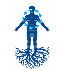 Vector illustration of athletic man composed with tree roots and circle of water drops, human water reserves metaphor.