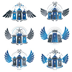 Fototapeta premium Ancient Citadels emblems set. Heraldic vector design elements collection. Retro style label, heraldry logo.