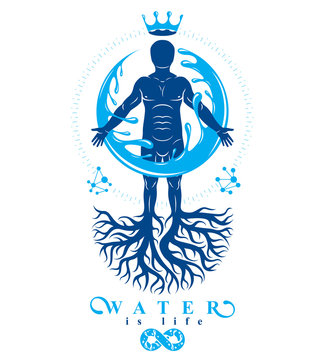 Vector graphic illustration of muscular human, individual created with tree roots and surrounded by a water ball. Human water reserves metaphor.