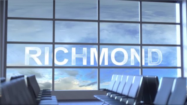 Commercial airplane landing at Richmond international airport. Travelling to the United States conceptual intro animation