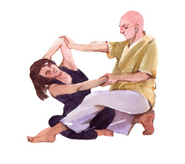 Thai massage scene. Watercolor illustration isolated on white background.
