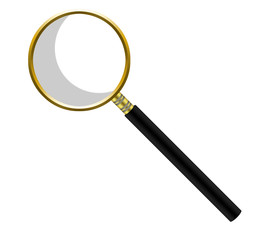 Golden magnifier on white background with black pen and transparent glass