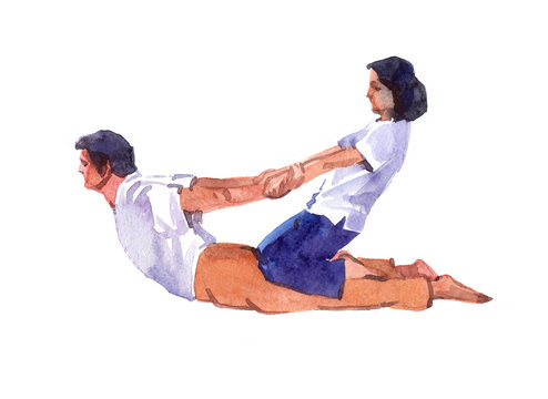 Thai massage scene. Watercolor illustration isolated on white background.
