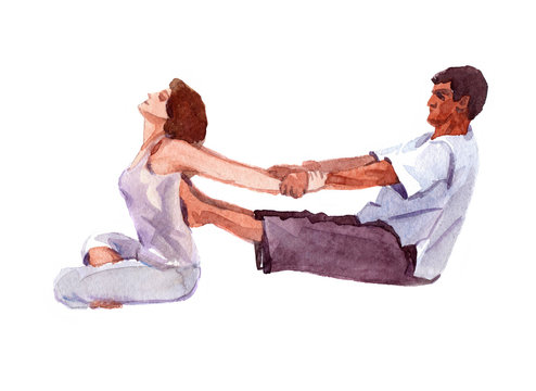 Thai massage scene. Watercolor illustration isolated on white background.
