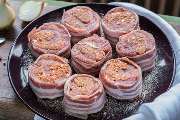 raw pork tenderloin medallions filled with chorizo sausage and wrapped with bacon