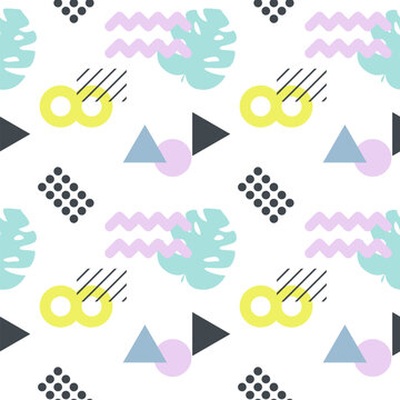 Geometric pattern with monstera palm leaves. Vector seamless pattern in pastel colours. Summer time background.