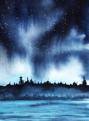 Starry night over a forest lake. Deep dark sky with stars. Watercolor landscape illustration background. hand-drawn