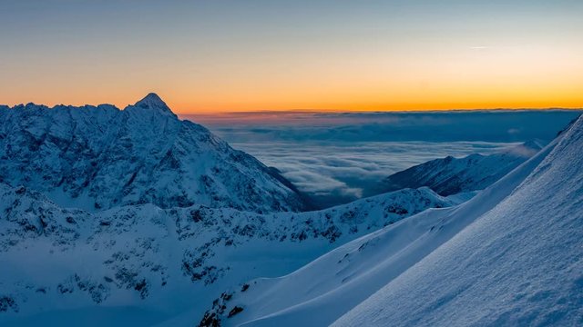 Time lapse evening mountain landscape, winter Tatra mountains