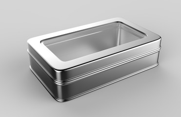 Stainless steel or tin metal shiny silver box container with window lid Isolated on white background for mock up and packaging Design. 3d render illustration.