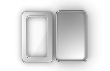 Stainless steel or tin metal shiny silver box container with window lid Isolated on white background for mock up and packaging Design. 3d render illustration.