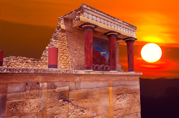 Knossos palace, Crete island, Greece. Sunset detail of ancient ruins of famous Minoan palace of Knossos.