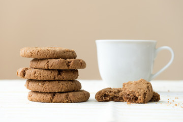 Healthy breakfast with oatmeal cookies or oatcakes and cup of tea or coffee