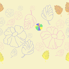 Floral seamless  pattern,leaves, flowers, stripes, spot, hole . Hand drawn.