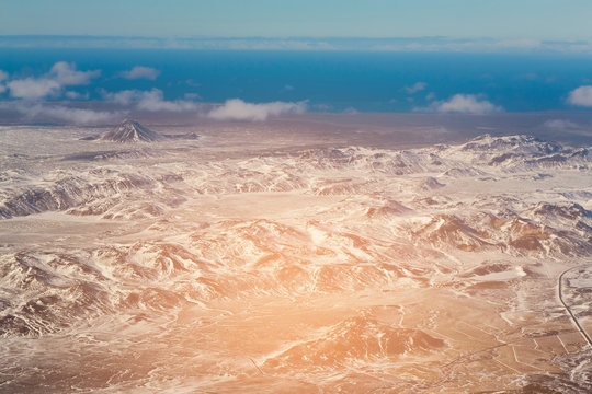 Aerial view mountain winter season and coastline, natural landscape, Iceland