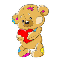 Cartoon teddy bear. Funny toy bear. A teddy bear with a heart. Cute character for decoration. Vector isolated.