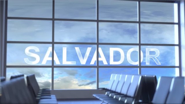 Commercial airplane landing at Salvador international airport. Travelling to Brazil conceptual intro animation
