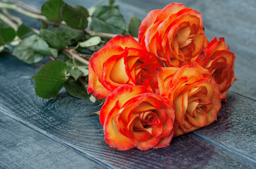 beautiful roses on a wet wooden table