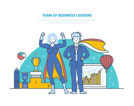 Team of business leaders. Cartoon characters of superheros. Successful businessman.