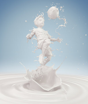 Splash of milk in form of Boy's body action playing football