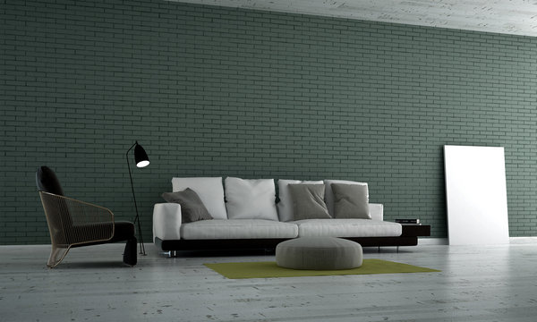 The modern interior design of lounge and living room and green brick wall texture background 
