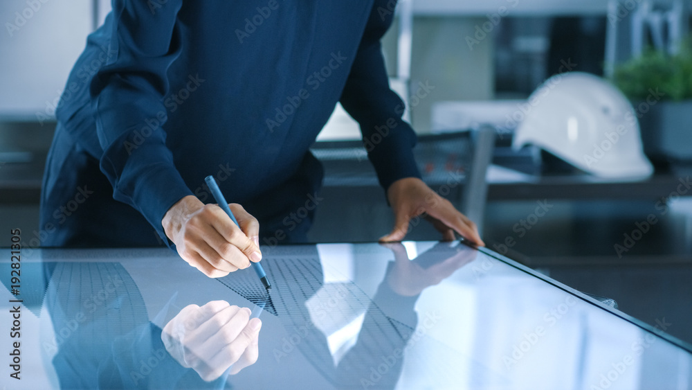 Aufkleber talented young female architectural designer draws building concept on a graphics tablet display ver