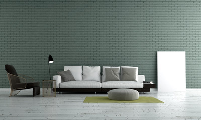 The modern interior design of lounge and living room and green brick wall texture background 