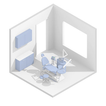 3d isometric rendering illustration of blue dental chair in dentist's office