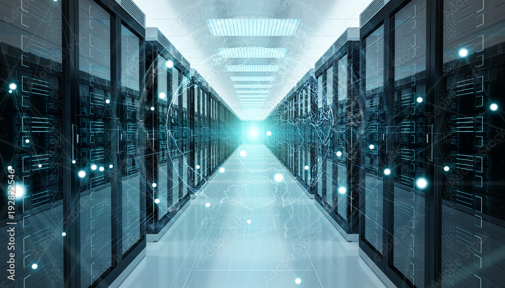 Wall mural earth network flying over server room data center 3d rendering
