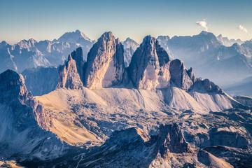 Tre Cime di Lavaredo in the Dolomites at sunset, South Tyrol, Italy
