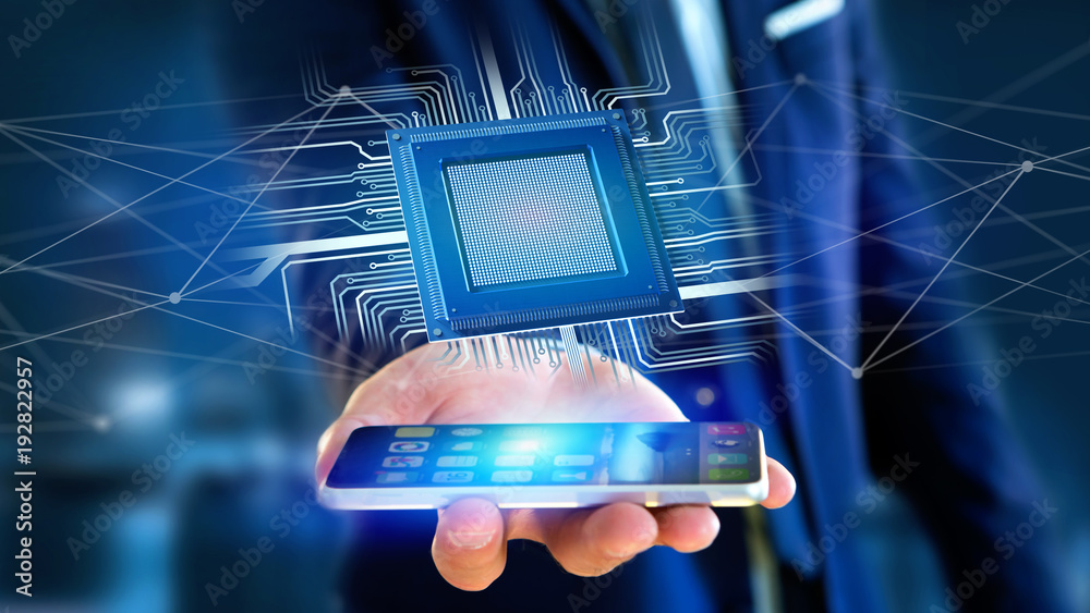 Poster businessman using a smartphone with a processor chip and network connection - 3d render